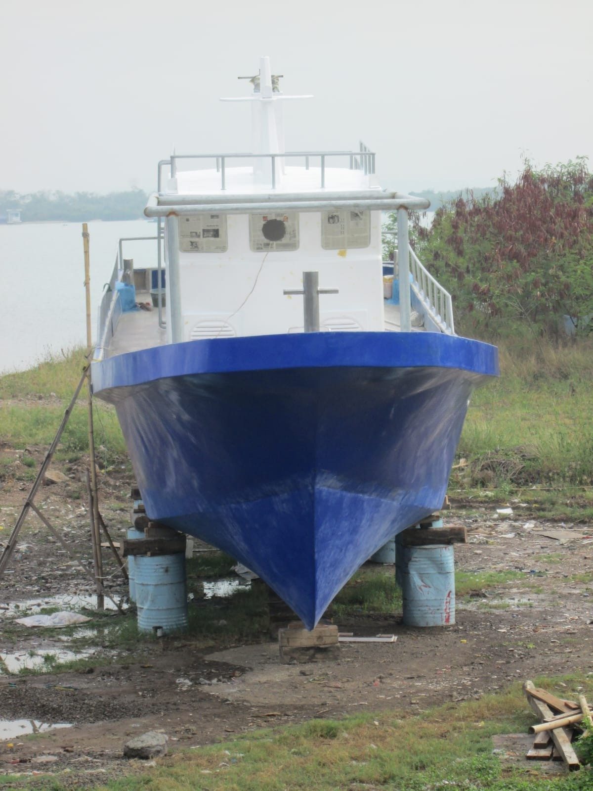 Completed fishing hull on the hard