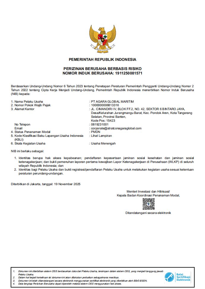 NIB registration for PT Agara Global Maritim