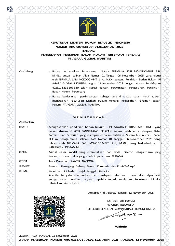 Ministerial decision establishing PT Agara Global Maritim